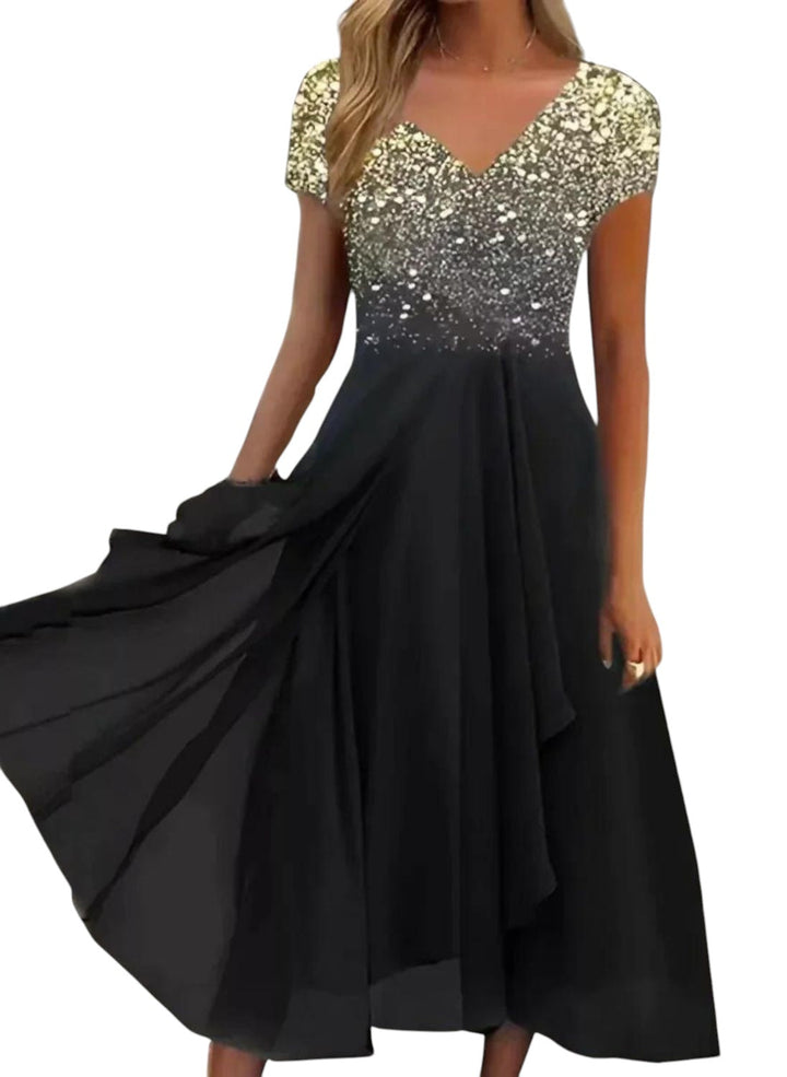 "Elegante lange chiffon feestjurk met V-hals, vloeiend silhouet, perfect voor gala's en chique diners, flatterende pasvorm."