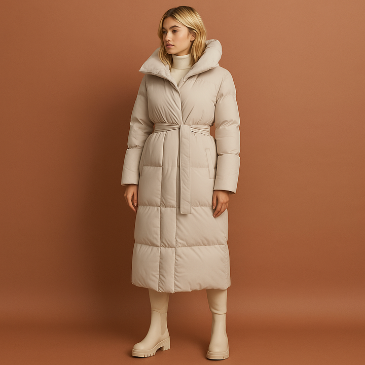 Elegante lange dames winterjas, stijlvol en warm, perfect voor winterse dagen. Beschikbaar in diverse kleuren.
