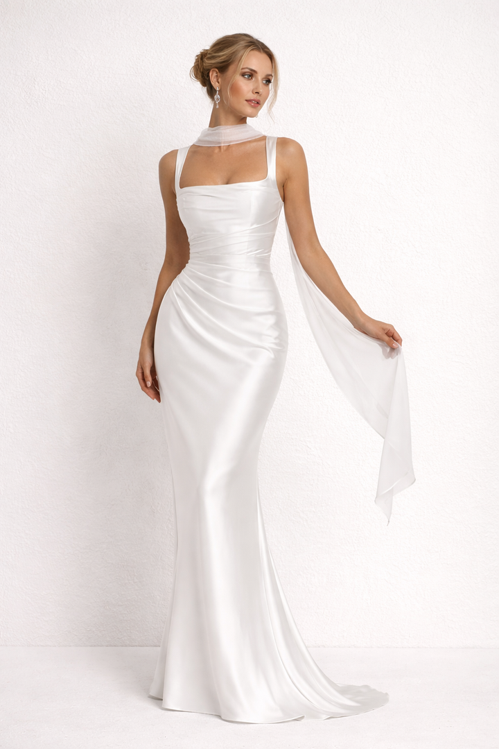Lange damesjurk, mouwloos en elegant. Perfecte slanke pasvorm voor een stijlvolle avond- of dinerlook.