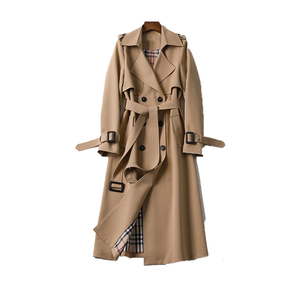 Elegante lange double-breasted dames trenchcoat; stijlvolle bovenkleding voor lente en herfst mode.