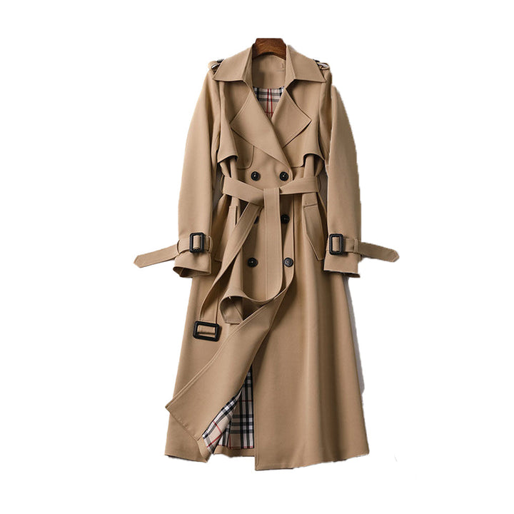 Elegante lange double-breasted dames trenchcoat; stijlvolle bovenkleding voor lente en herfst mode.