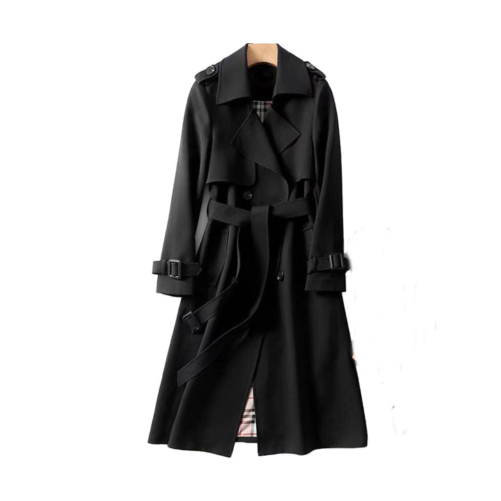 Stijlvolle lange dames trenchcoat met dubbele rij knopen; ideaal voor zakelijke of casual chic outfits.