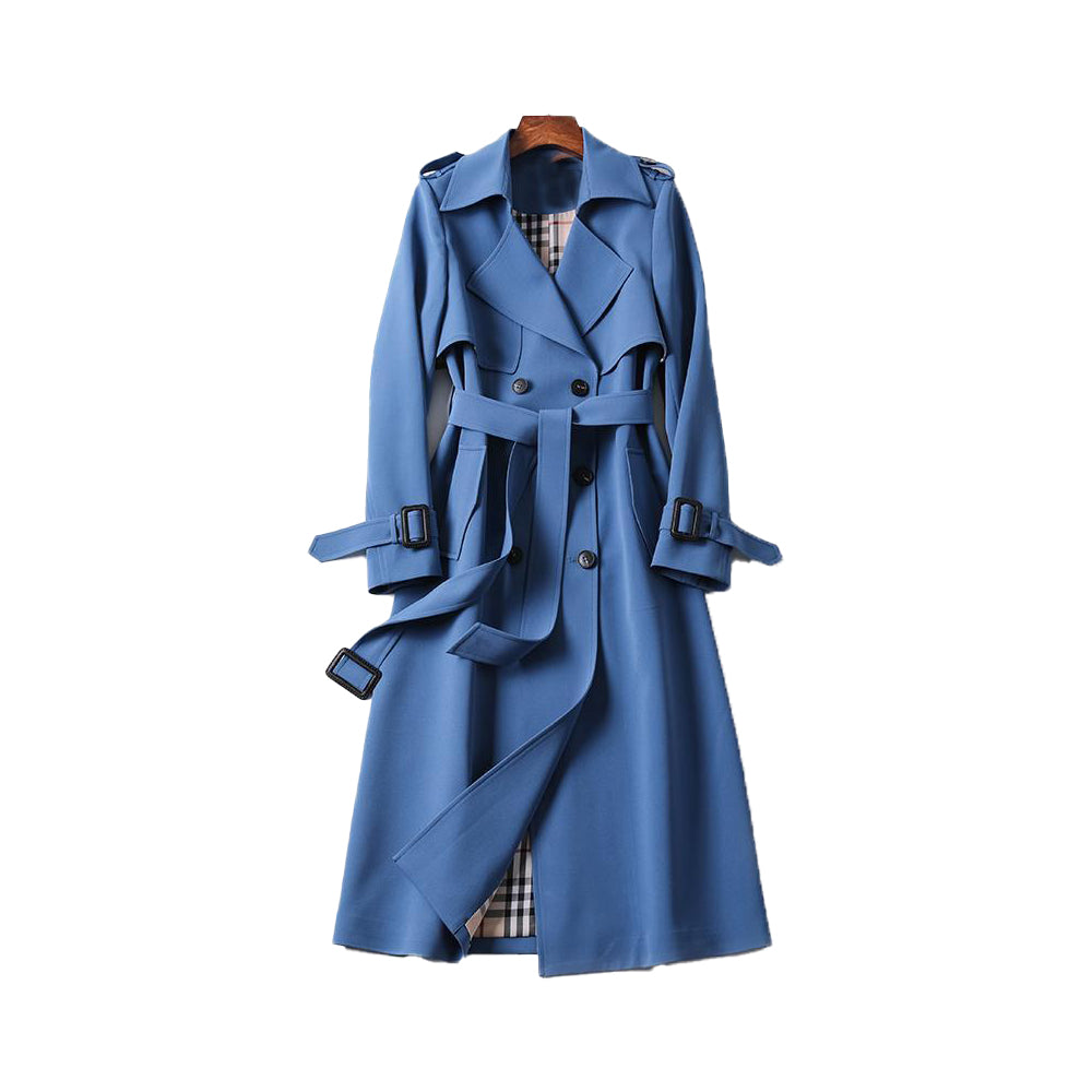Chique double-breasted dames trenchcoat met reverskraag en ceintuur; tijdloze mode bovenkleding.