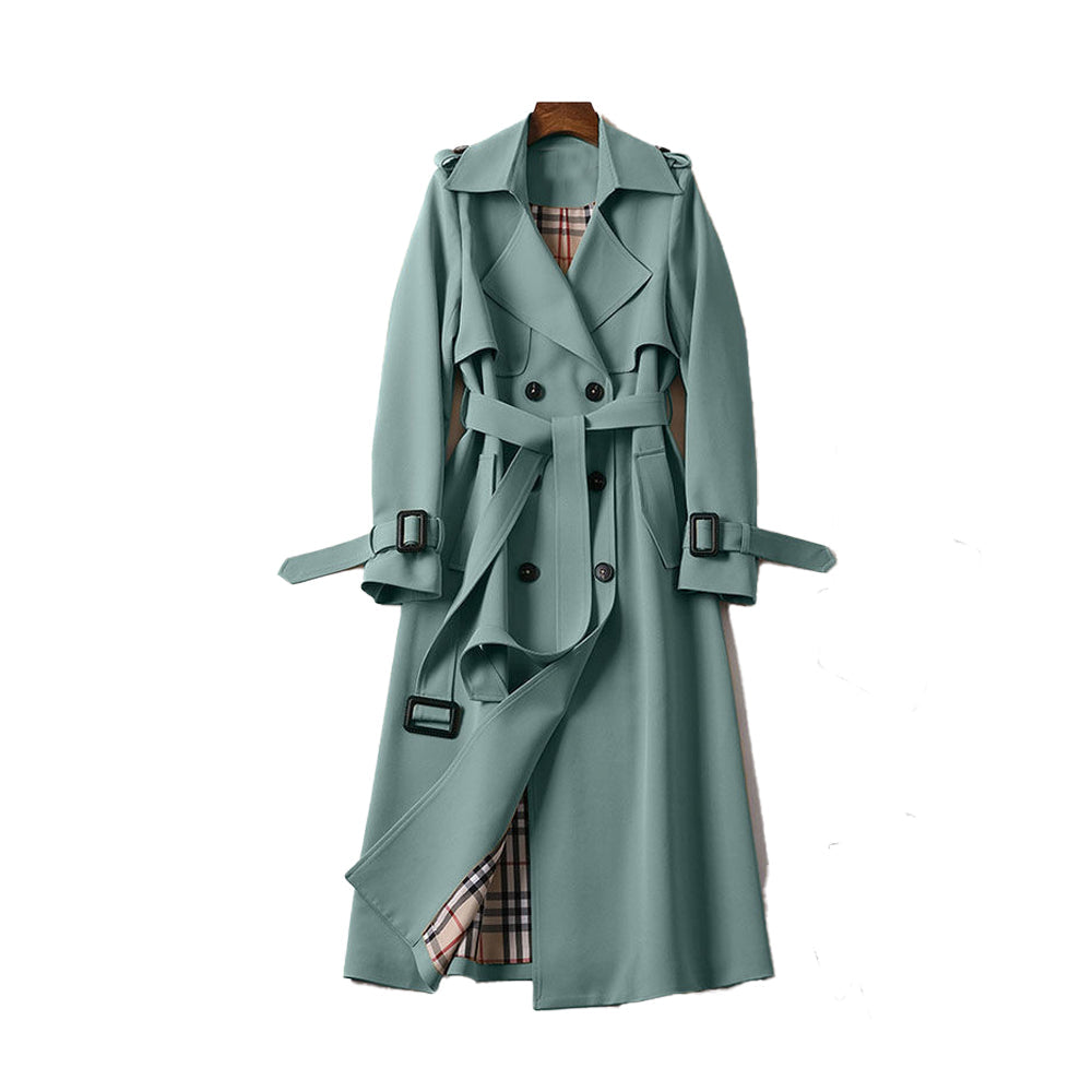 Modieuze lange dames trenchcoat, een elegante en praktische keuze voor elke outfit in de lente en herfst.