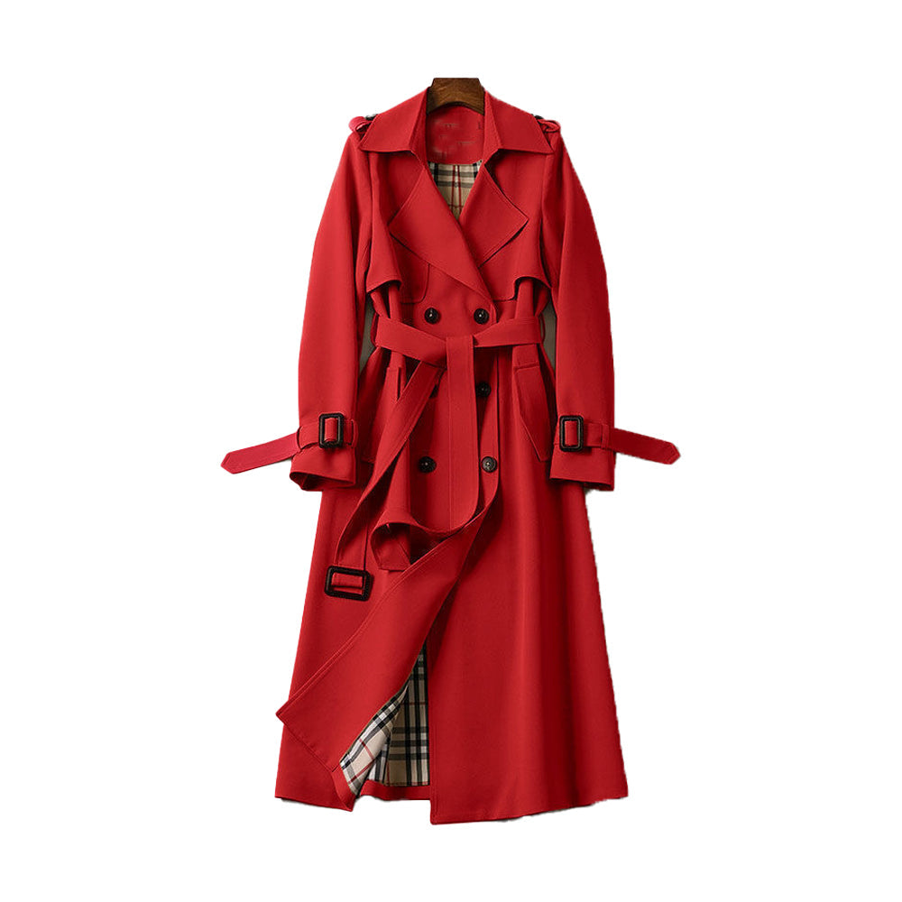 Lange dames trenchcoat met dubbele knopen voor een elegante en stijlvolle uitstraling; perfecte lentejas.