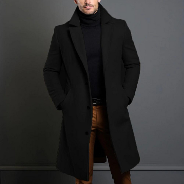 Elegante lange heren trenchcoat, tijdloos design voor zakelijke of casual herenmode in de winter.