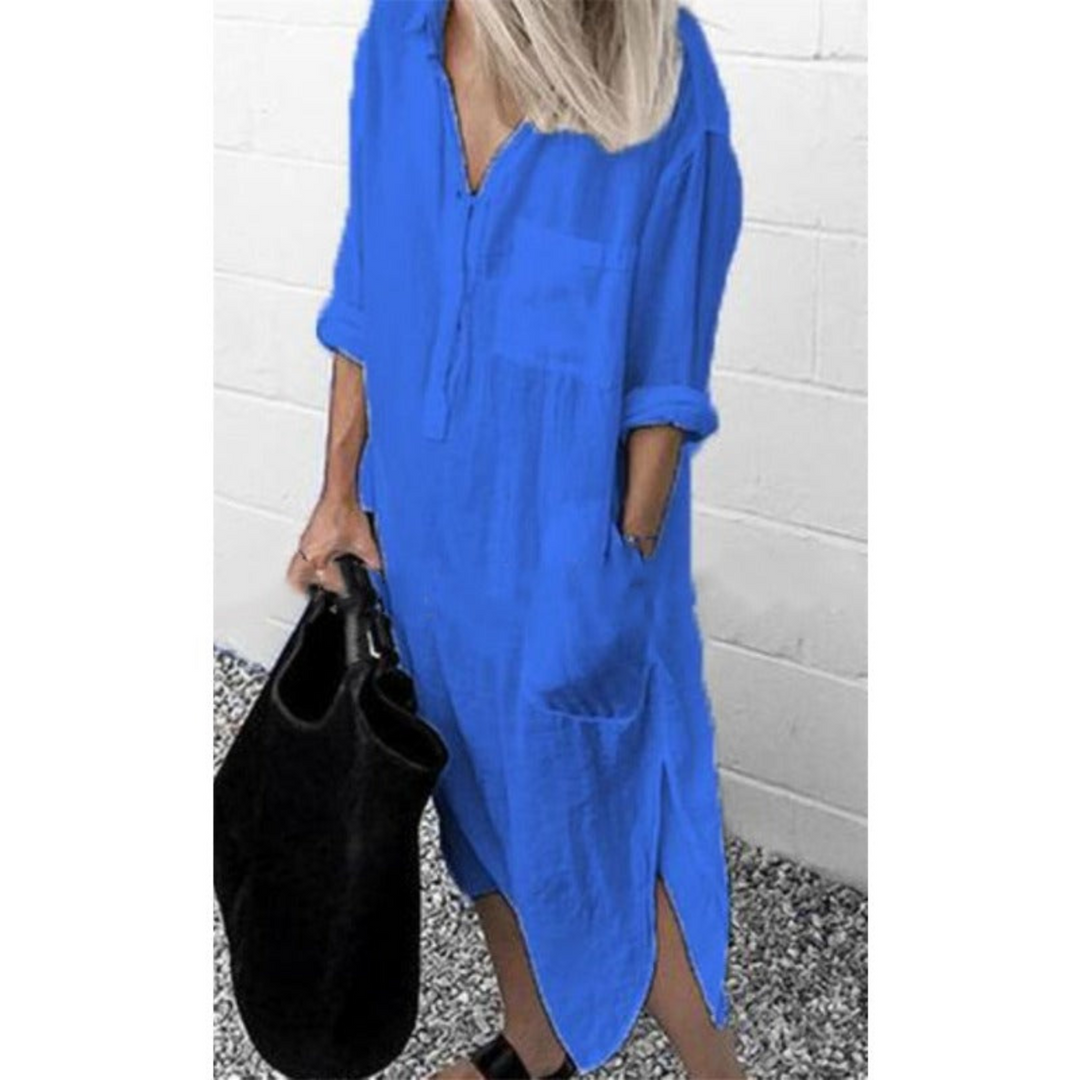Comfortabele lange damesjurk, perfect als strandjurk of modieuze veelzijdige casual zomeroutfit.