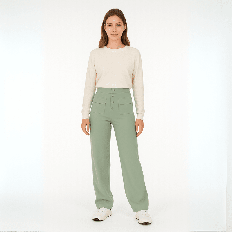 "Elegante lichtgewicht stretch broek met hoog tailleontwerp en praktische zakken, ideaal voor comfort en moderne stijl."