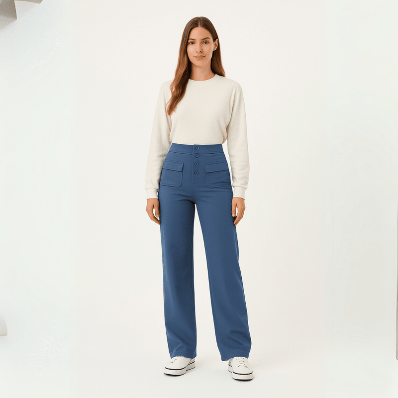 "Elegante lichtgewicht stretch broek met hoog tailleontwerp en praktische zakken, ideaal voor comfort en moderne stijl."