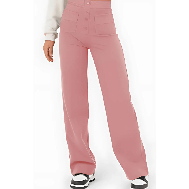 "Elegante lichtgewicht stretch broek met hoog tailleontwerp en praktische zakken, ideaal voor comfort en moderne stijl."