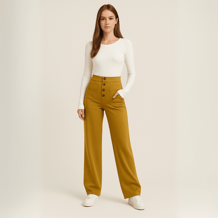 "Elegante lichtgewicht stretch broek met hoog tailleontwerp en praktische zakken, ideaal voor comfort en moderne stijl."