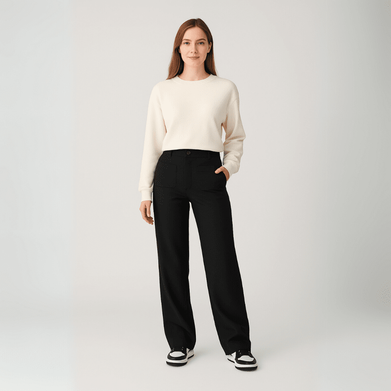 "Elegante lichtgewicht stretch broek met hoog tailleontwerp en praktische zakken, ideaal voor comfort en moderne stijl."