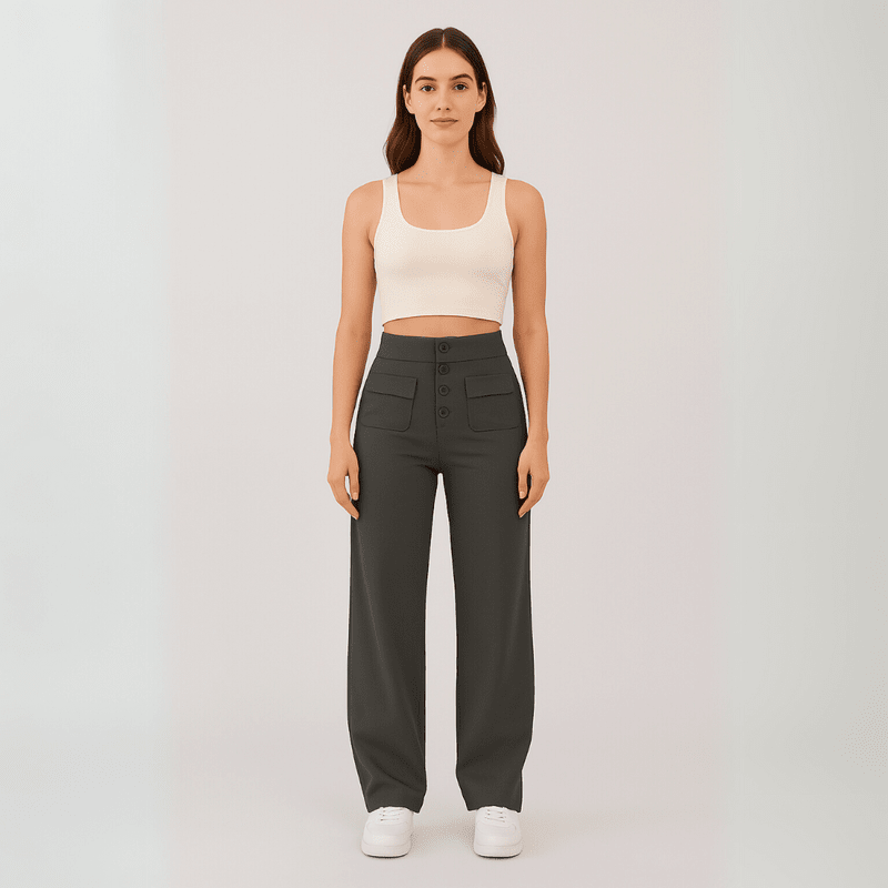"Elegante lichtgewicht stretch broek met hoog tailleontwerp en praktische zakken, ideaal voor comfort en moderne stijl."