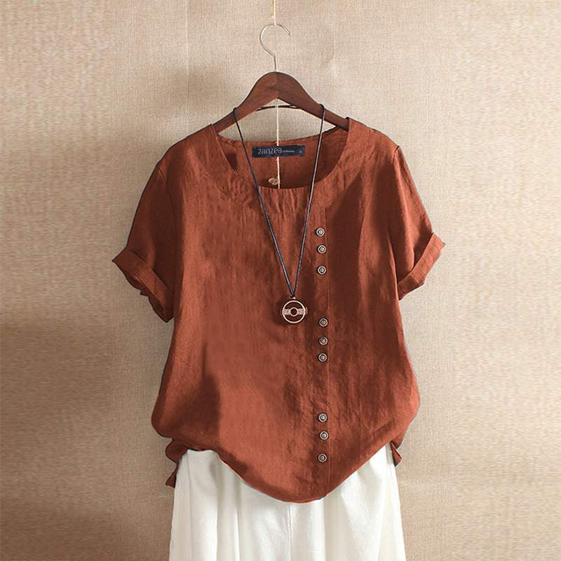 Blouse dames bruin, korte mouw, knoopsluiting, elegante uitstraling.