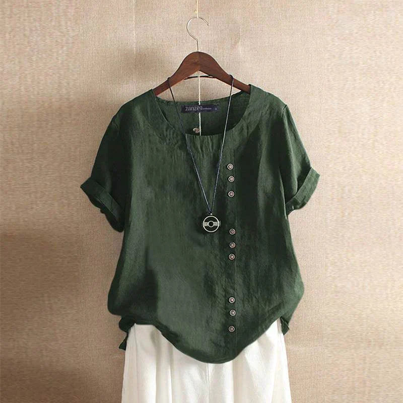 Blouse dames groen, korte mouw, knoopsluiting, elegante uitstraling.