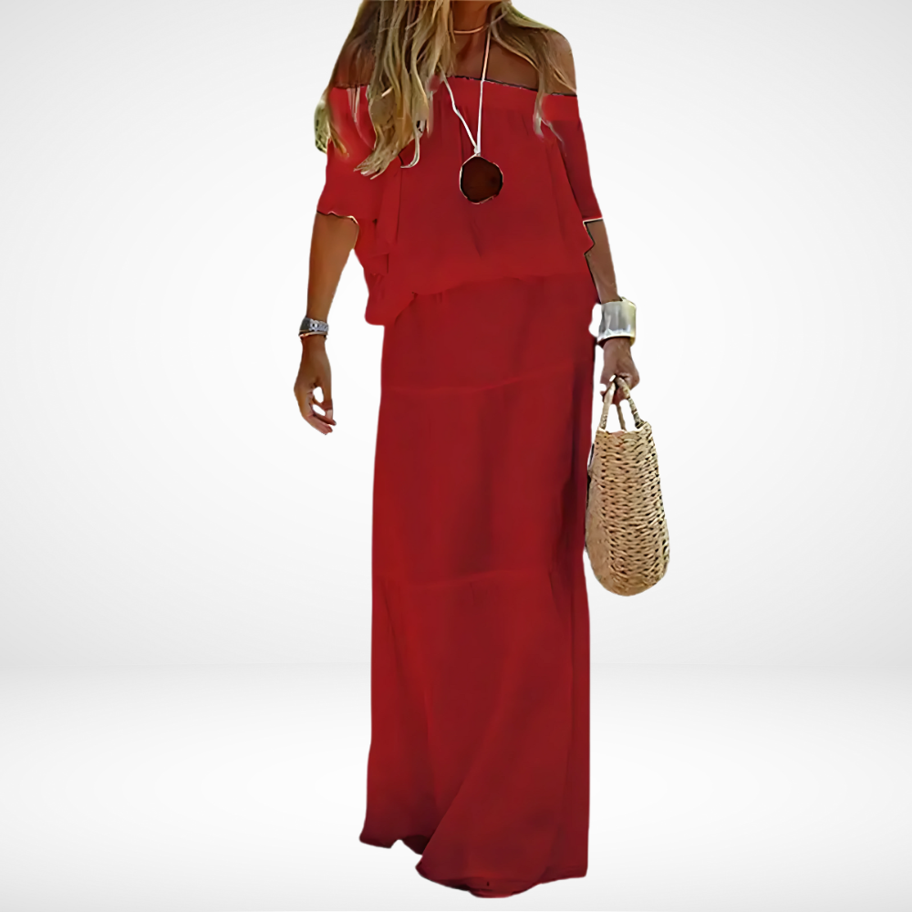 "Elegante maxi strandjurk in boho stijl, off-shoulder met V-hals en vetersluiting, luchtige chiffonstof."