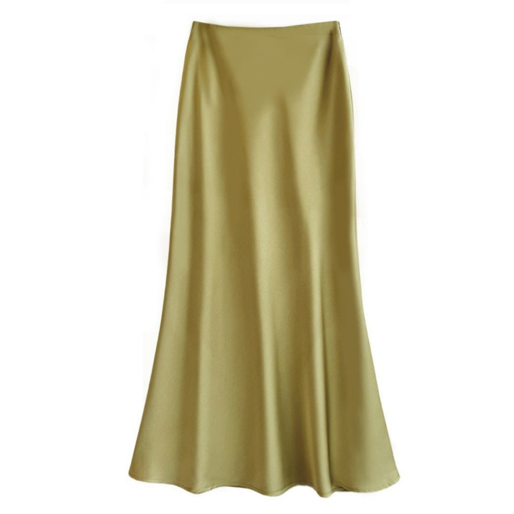 Volledige weergave van de elegante midi damesrok. Vloeiende pasvorm en subtiele glans maken deze rok uniek.