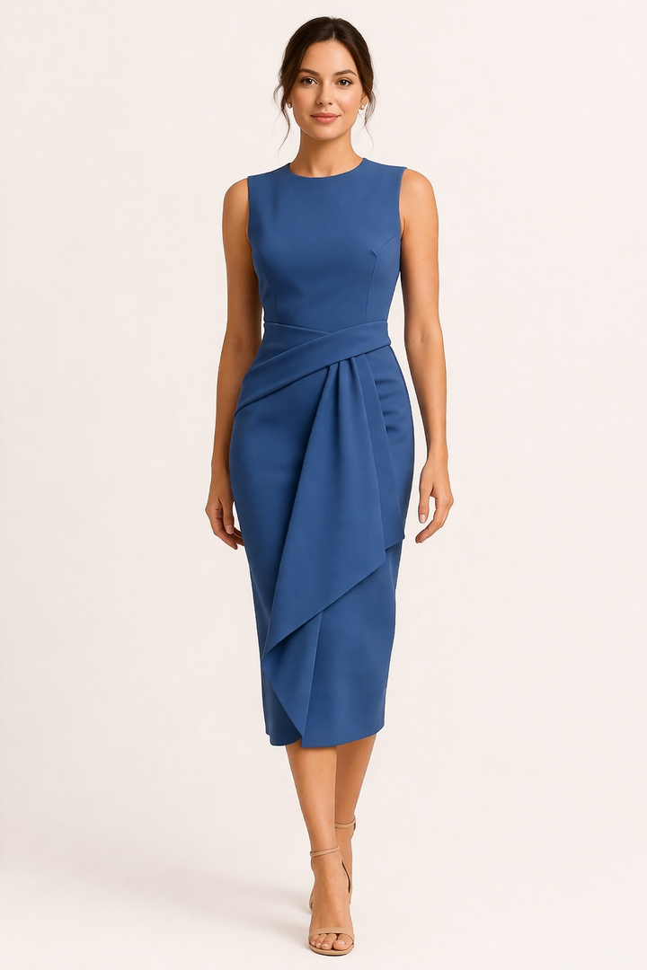 Elegante mouwloze dames midi kantoorjurk met professionele pasvorm, ideaal voor zakelijke werkkleding.