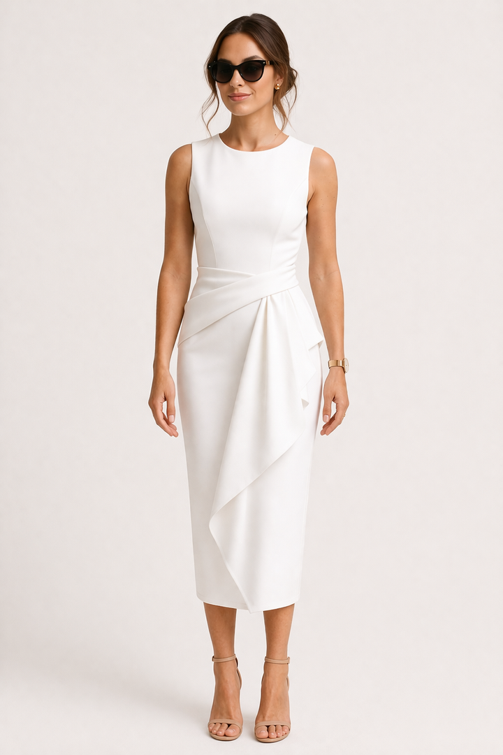 Comfortabele zakelijke dames midi jurk, perfect voor lange dagen op kantoor, combineert stijl met gemak.