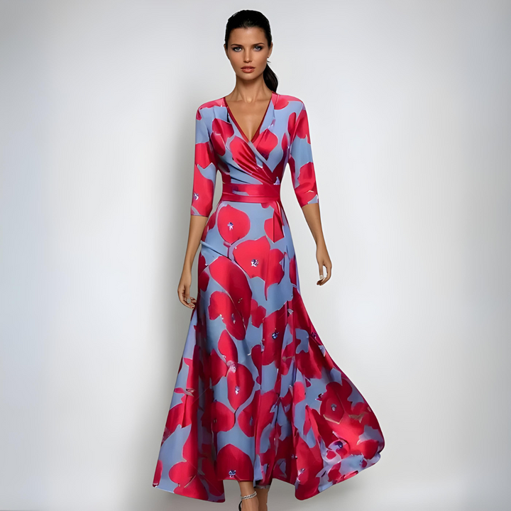 Elegante Noa luxe jurk met bloemenprint en verstelbare tailleband, zijaanzicht, ideaal voor formele en casual gebruik.