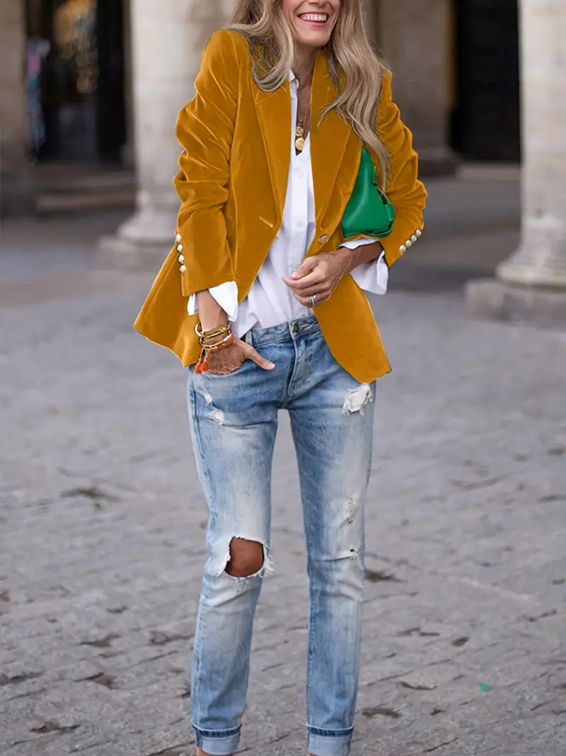 "Elegante retro dames blazer met klassieke snit, getailleerde pasvorm en stijlvolle details voor veelzijdige outfits."