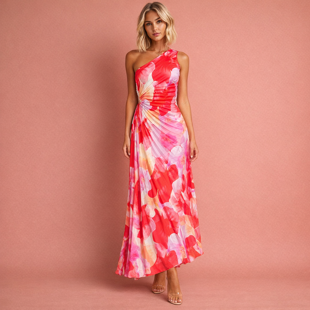 Elegante rode dames one-shoulder bloem maxi jurk, perfect als zomerjurk of feestjurk. Asymmetrisch en comfortabel.
