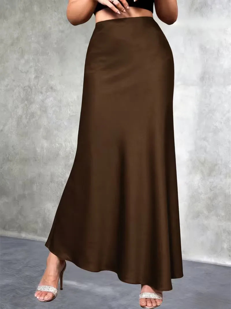 Glanzende dames satijnen rok, maxi lengte, hoge taille, voegt luxe toe aan elke garderobe.