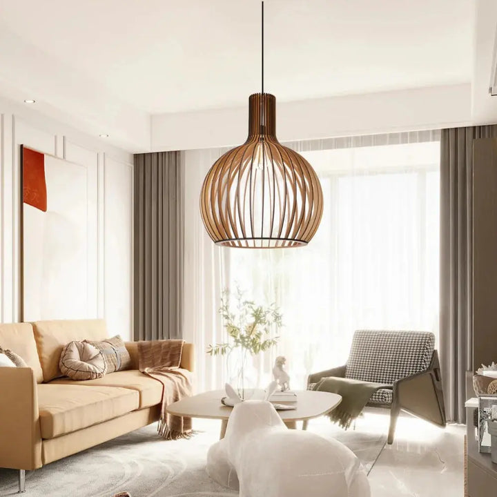 "Elegante Scandinavische houten hanglamp, minimalistisch design, verstelbare kabel, natuurlijke uitstraling, warme gloed."