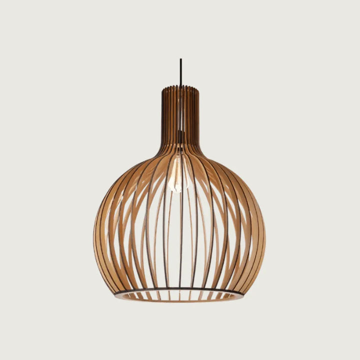 "Elegante Scandinavische houten hanglamp, minimalistisch design, verstelbare kabel, natuurlijke uitstraling, warme gloed."