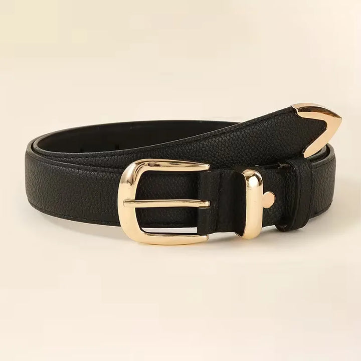 Elegante smalle bruine damesriem van kunstleer met gouden gesp en lychee patroon, een perfect accessoire.