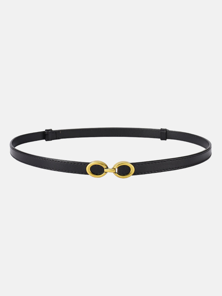 "Elegante smalle damesriem van leer met moderne gouden ringengesp, ideaal voor elke stijlvolle outfit"