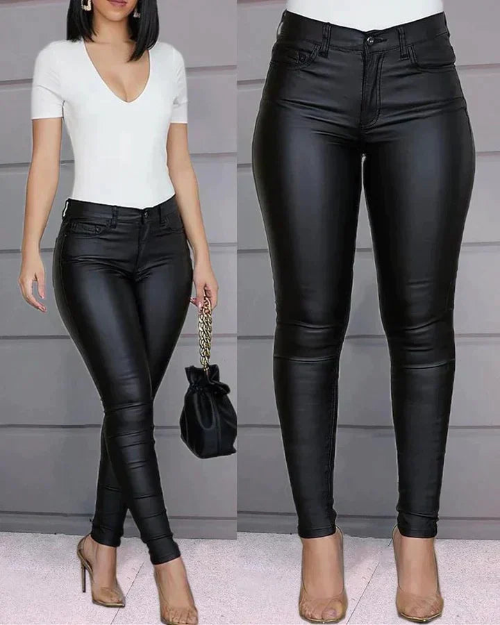 Elegante stretch broek voor dames, hoge taille, slank silhouet, zowel casual als semi-formeel te dragen.