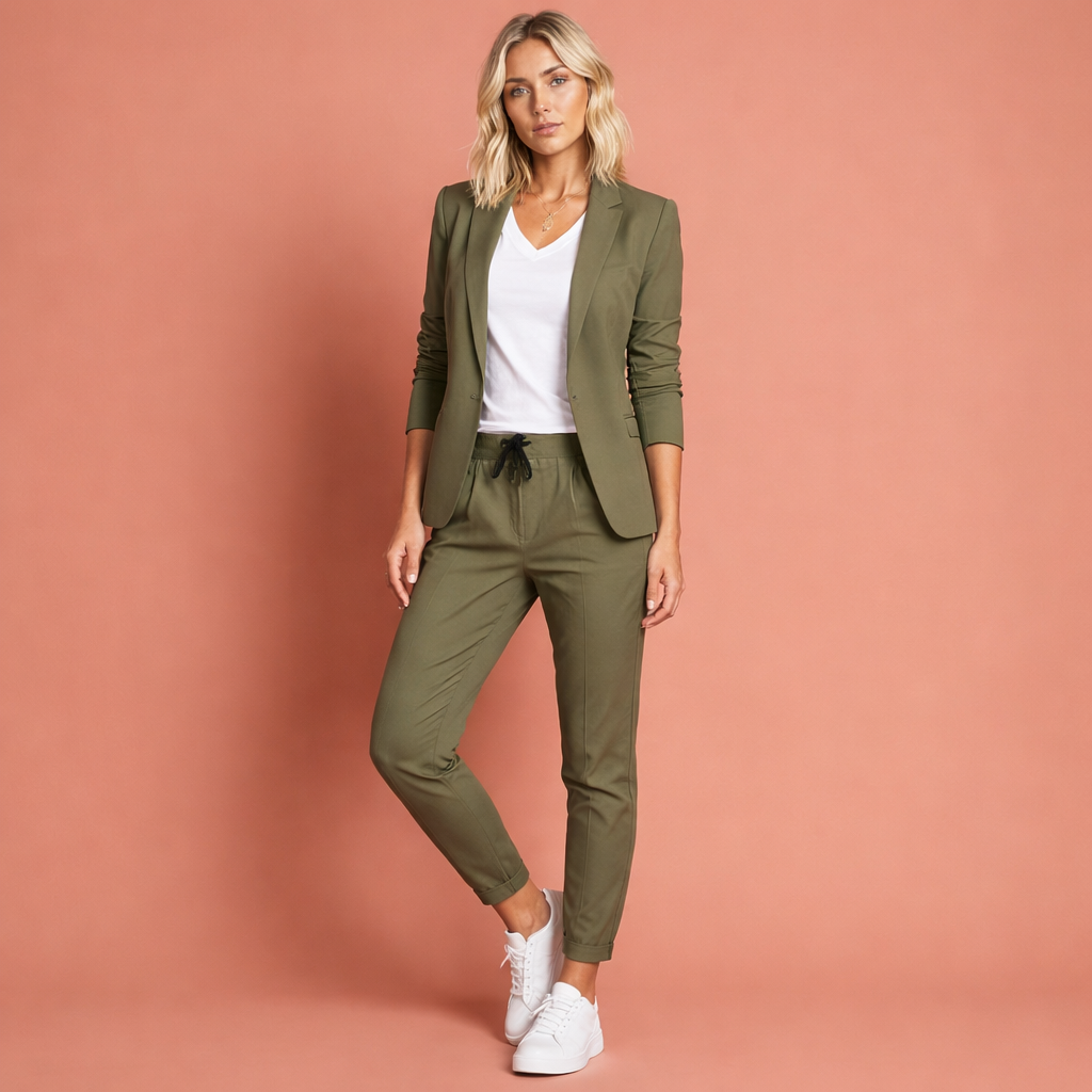 Modieuze tweedelige dames blazer set die elegantie en functionaliteit combineert voor elke gelegenheid.