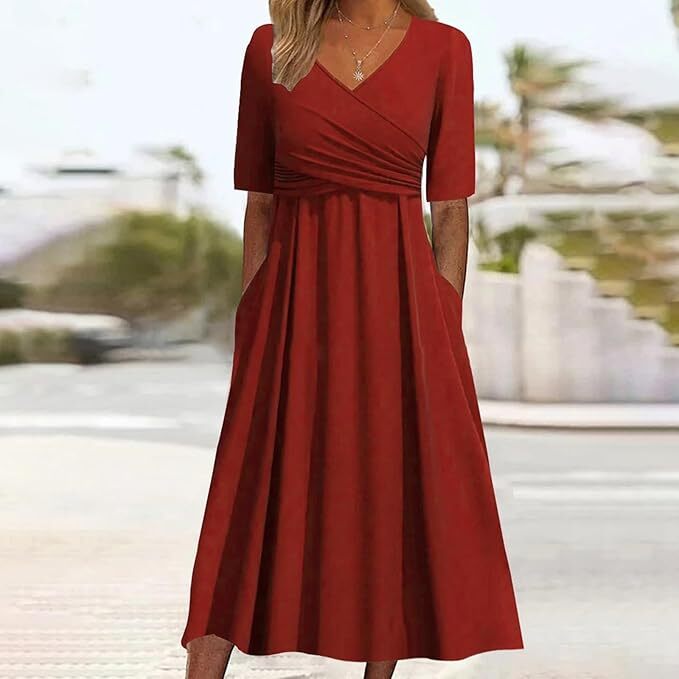 "Elegante vintage V-hals jurk, korte mouwen, damesmode in veelzijdige kleuren, flatterend en comfortabel materiaal."