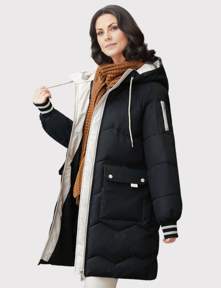 "Elegante warme winterparka voor vrouwen, getailleerd met thermische isolatie en zachte capuchon in lichtgroen."