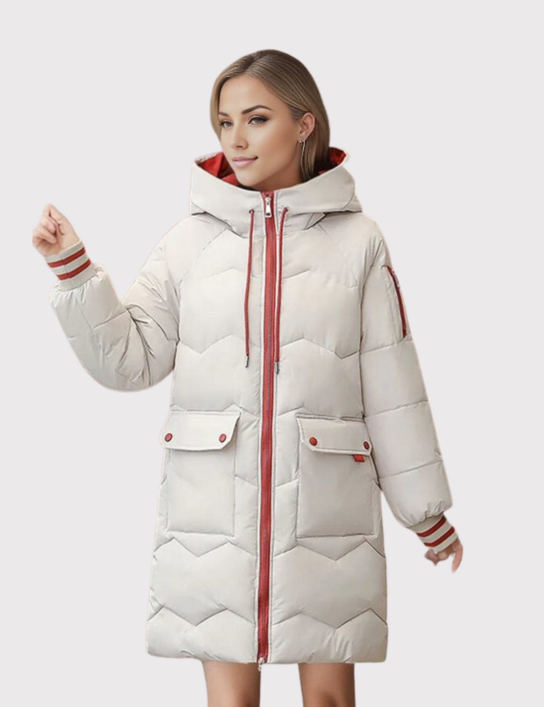 "Elegante warme winterparka voor vrouwen, getailleerd met thermische isolatie en zachte capuchon in lichtgroen."