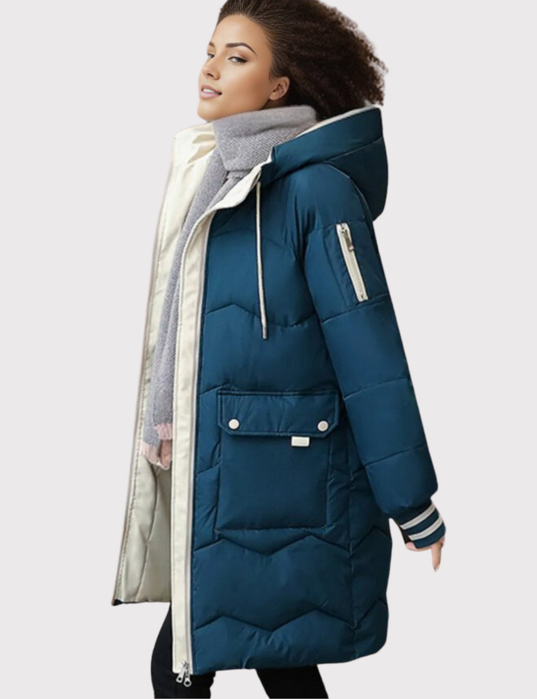 "Elegante warme winterparka voor vrouwen, getailleerd met thermische isolatie en zachte capuchon in lichtgroen."