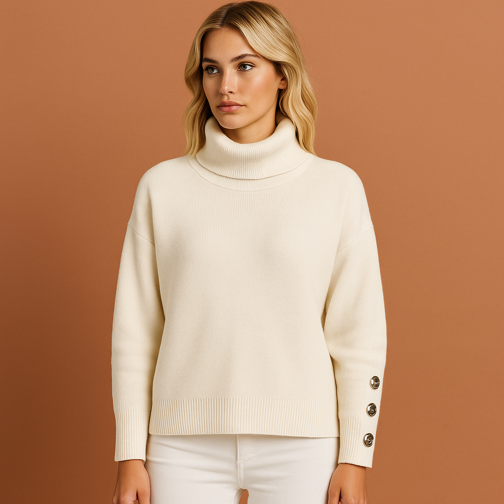 Elegante witte dames coltrui met moderne pasvorm, perfect voor kantoor of casual winteroutfits. Comfortabel en warm.