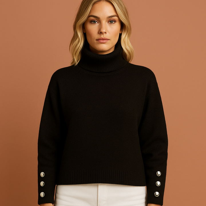 Veelzijdige zwarte dames coltrui. Ideale warme pullover voor herfst en winter. Comfortabele damestop met moderne pasvorm.
