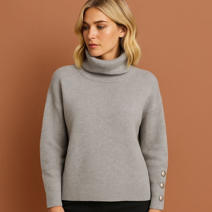 Comfortabele grijze dames coltrui, een elegante damestop voor winter en herfst. Moderne pasvorm, warm en veelzijdig.