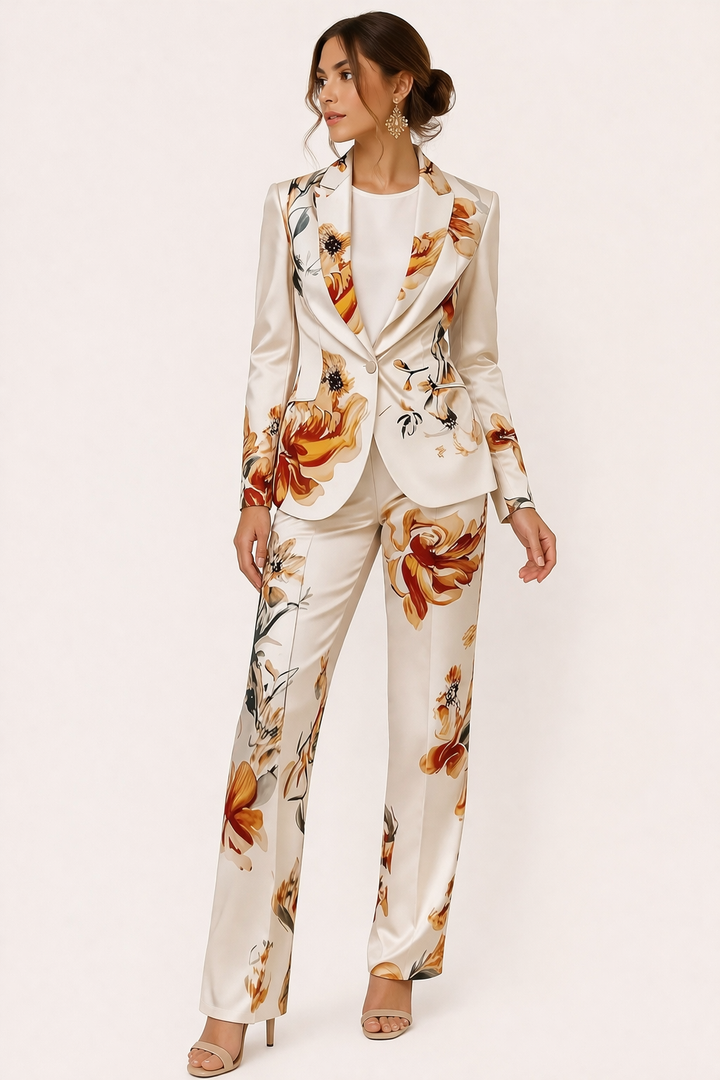 Elegante witte damesblazer en broek set met bloemenprint, perfect voor zomerse zakelijke of casual chic outfits.