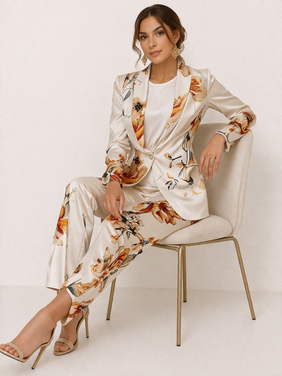 Stijlvolle damesblazer uit tweedelige set, wit met verfijnde bloemenprint; ideaal voor formeel en casual.