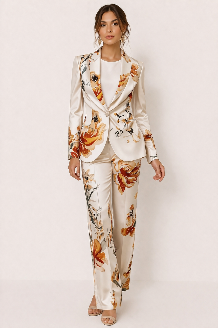 Witte damesbroek met bloemenprint uit een elegant broekpak, comfortabel en chic voor zomerse gelegenheden.