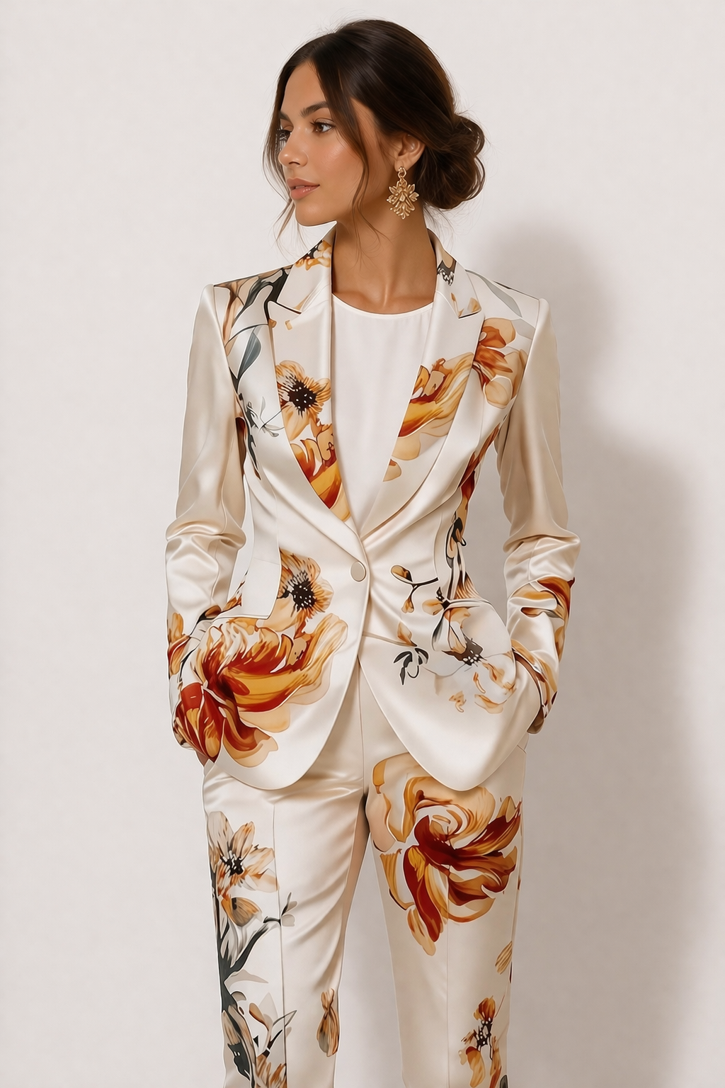 Tweedelige dameskleding set: witte blazer en broek met unieke elegante bloemenprint, voor een complete zomeroutfit.
