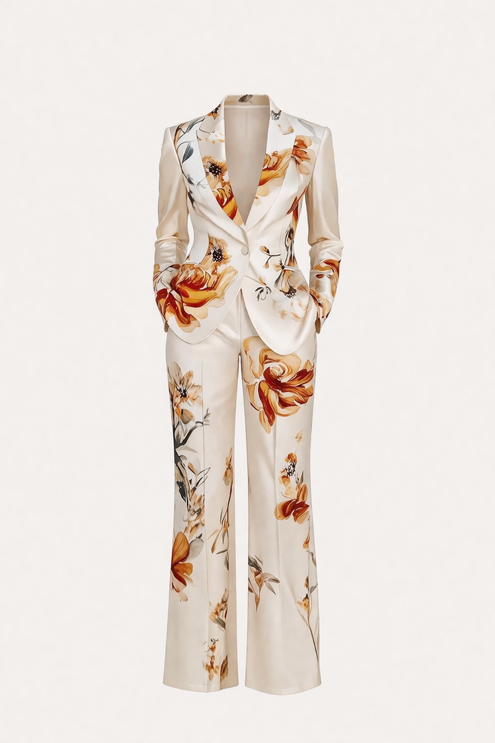Trendy witte damesbroekpak met elegante bloemenprint, perfecte zomerkleding die stijl en comfort combineert.