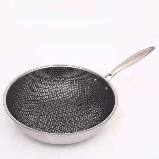 "Elegante zilverkleurige RVS koekenpan, 28 cm met anti-aanbaklaag, hittebestendige handgreep, gelijkmatige warmteverdeling."