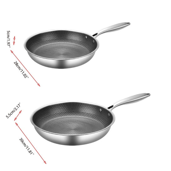"Elegante zilverkleurige RVS koekenpan, 28 cm met anti-aanbaklaag, hittebestendige handgreep, gelijkmatige warmteverdeling."