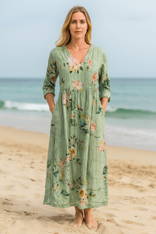 "Elegante zomerse maxi jurk met bloemenprint en lange mouwen, lichtgewicht en ademend voor ultiem comfort."