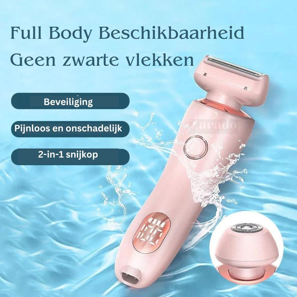 "Elektrisch 2-in-1 dames scheerapparaat met precisietrimmer, slank ontwerp, geschikt voor benen, oksels, gezichtshaar."