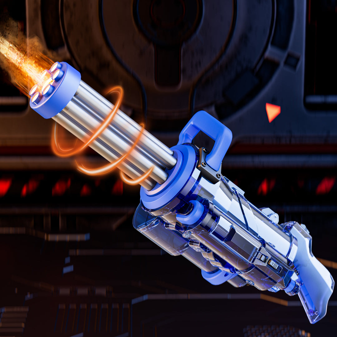 Elektrisch Gatling waterpistool voor kinderen en volwassenen, kleurrijk en robuust, ideaal voor spannende watergevechten.